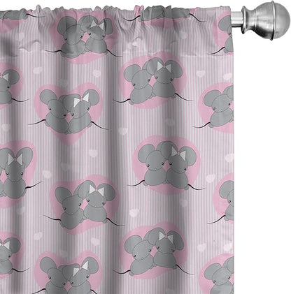 Ambesonne Pink and Grey Window Curtains, Little Mouse Characters with Hearts on Striped Backdrop Cartoon Lovers, Lightweight Decor 2-Panel Set with Rod Pocket, Pair of - 28" x 63", Grey Pink