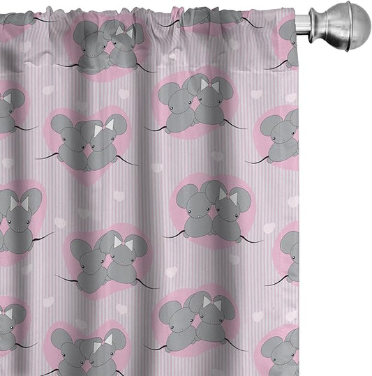 Ambesonne Pink and Grey Window Curtains, Little Mouse Characters with Hearts on Striped Backdrop Cartoon Lovers, Lightweight Decor 2-Panel Set with Rod Pocket, Pair of - 28" x 95", Grey Pink