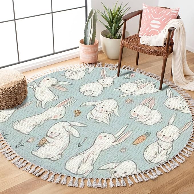 Round Rugs Cute Bunny Carrot Collection Hand Drawn Boho Area Rug Linen and Cotton Carpet Meditation Rug Washable Hallway Runner Mat Accent Rug for Bedroom Bathroom 6ft