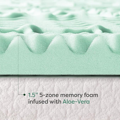 Mellow 1.5 Inch 5-Zone Memory Foam Mattress Topper, Calming Aloe Infusion, Dorm Essentials, Queen