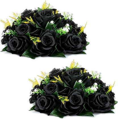 NUPTIO Black Artificial Roses Flowers: Fake Flower Bouquet Halloween Decorations - 15 Heads Artificial Rose Centerpieces with Base for Gothic Wedding Party Table Decor 2 Pcs