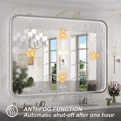 LED Bathroom Mirror with Lights,43x36 Inch Brushed Silver Framed Lighted Vanity Mirror,Anti Fog Stepless Dimmable Wall Mounted(Horizontal/Vertical)