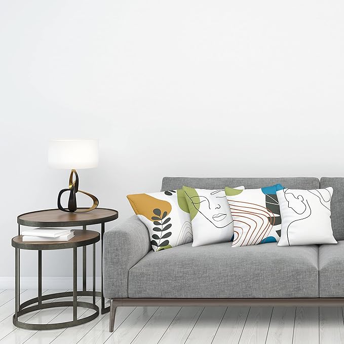 Ambesonne Minimal Throw Pillow Cushion Case Pack of 4, Modern Line Art Woman Portrait with Contemporary Leafy Geometric Details, Modern Accent Double-Sided Digital Printing, 24", Blue Green Marigold