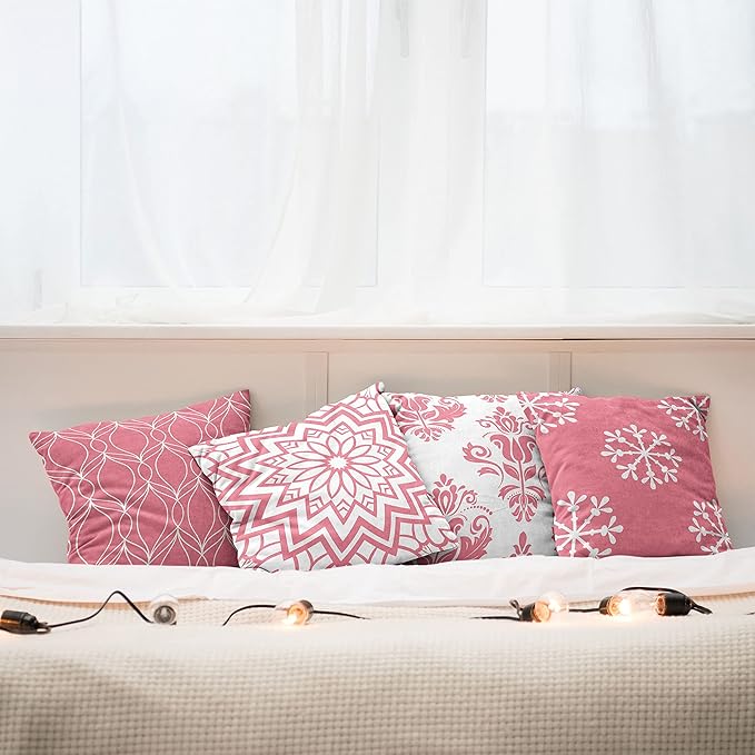 Ambesonne Retro Throw Pillow Cushion Case Pack of 4, Trellis Grid Medieval Floral Damask Mandala Flower Ornament in Modern Monochrome, Modern Accent Double-Sided Digital Printing, 16", Pastel Pink