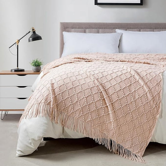 BOURINA Pink Throw Blanket 50 x70 Inches Jacquard Argyle Throw Textured Solid Soft Throws and Blankets for Sofa or Bed Knitted Decorative Blanket