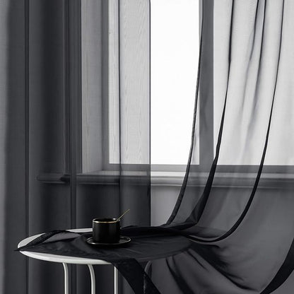 DUALIFE Black Sheer Curtains 54 Inch Length for Basement Windows Set of 2 Panels Grommet Semi Translucent Short Curtains for Small Windows Kitchen Bedroom Bathroom 52x54 Inches Long