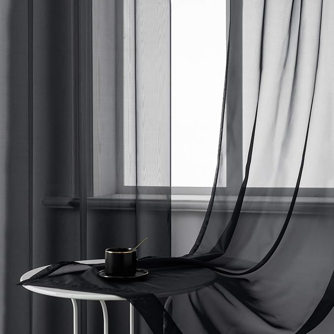 DUALIFE Gorgeous Black Sheer Curtains 63 Inch Length for Bedroom Set of 2 Panels Grommet Semi Voile Window Drapes Elegant Office Curtains for Men Living Room 52x63 Inches Long