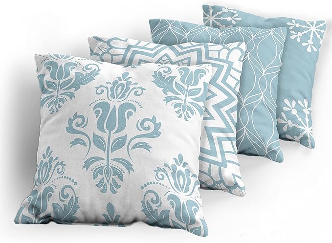 Ambesonne Retro Throw Pillow Cushion Case Pack of 4, Trellis Grid Medieval Floral Damask Mandala Flower Ornament in Modern Monochrome, Modern Accent Double-Sided Digital Printing, 24", Pale Blue Grey