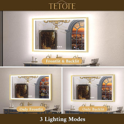 TETOTE Gold Bathroom LED Mirror with Lights 30x36 Frontlit & Backlit Vanity Framed Mirror Baroque Anti Fog Stepless Dimmable White/Warm/Natural,CRI90+,Waterproof,Wall Mounted(Horizontal/Vertical)