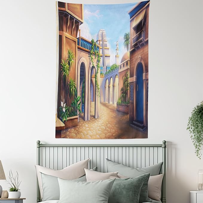 Lunarable City Tapestry, Babylon City Gardens Architecture 7 Wonders of the World, Fabric Wall Hanging Decor for Bedroom Living Room Dorm, 30" X 45", Caramel Green