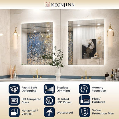 Keonjinn 28 x 36 Inch LED Bathroom Mirror with Backlit, Anti-Fog Vanity Mirror, CRI90+ HD Tempered Glass, Stepless Dimmable, High Lumen, UL Listed, Waterproof, Horizontal/Vertical