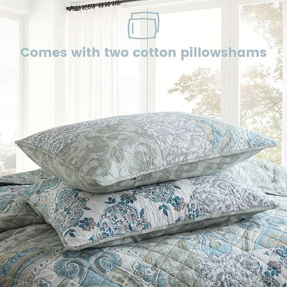 Secgo Queen Size Comforter Set- 100% Cotton Quilt Queen Size Set, Green, Sage bedspreads (90 * 96 Inch) with 2 Pillow Shams, Patchwork Reversible Lightweight Bedding