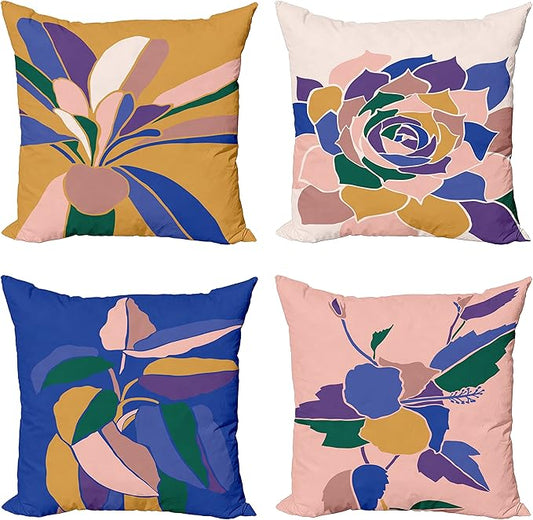 Ambesonne Floral Throw Pillow Cushion Case Pack of 4, Abstract Flowers and Petals with Exotic Vibes Colorful Modern Style, Modern Accent Double-Sided Digital Printing, 24", Rose Dark Violet Mustard