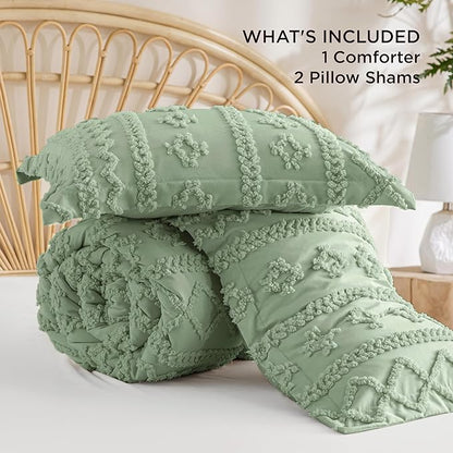 Bedsure Tufted Boho Comforter Set Queen Size - Sage Green Boho Bed Set, GentleSoft™ 3 Pieces Farmhouse Shabby Chic Embroidery Bedding, Gifts for Woman, Soft Jacquard Queen Comforter for All Seasons