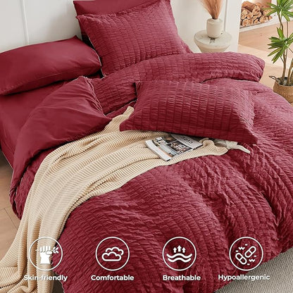 HYMOKEGE Burgundy California King Comforter Set Seersucker 7 Pieces, All Season Luxury Bed in a Bag for Bedroom, Bedding Set with Comforters, Sheets, Pillowcases & Shams