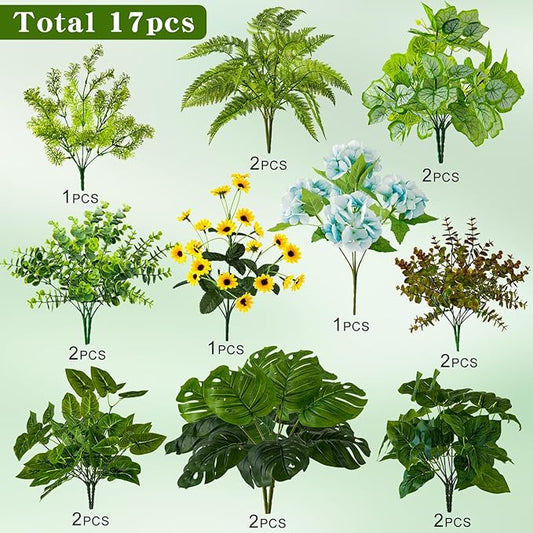WINTS 17 Bundles Outdoor Artificial Plants UV Resistant Fake Greenery Stems Faux Shrubs Plastic Plant for Outdoor Planter Porch Patio Garden Window Box Home Decor