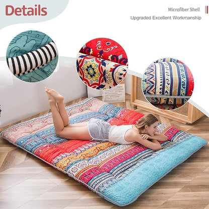MAXYOYO Bohemian Retro Floor Mattress Vintage Floral Japanese Futon Mattress Roll Up Tatami Floor Mat Foldable Bed Portable Camping Mattress Sleeping Pad Floor Lounger Couch Bed Twin Size