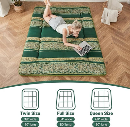 Japanese Floor Mattress, Futon Mattress with Portable Storage Bag and Washable Cover, Roll Up Thick Tatami Mat Suitable for Camping, Guest Room (Bohemian Green, Twin)