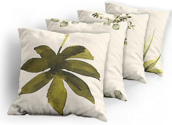 Ambesonne Botanical Throw Pillow Cushion Case Pack of 4, Minimalist Watercolor Painting Leaves Agave Branches Plant in a Pot, Modern Accent Double-Sided Digital Printing, 18", Fawn Pale Green White