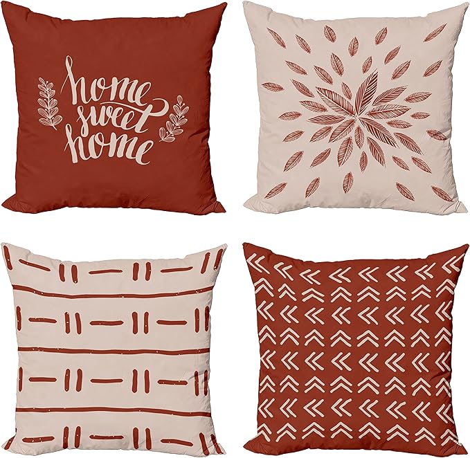 Ambesonne Modern Throw Pillow Cushion Case Pack of 4, Scandinavian Minimal Ornaments Boho Feather Leaves and Home Phrase Print, Modern Accent Double-Sided Digital Printing, 18", Pale Tan and Dark Rust