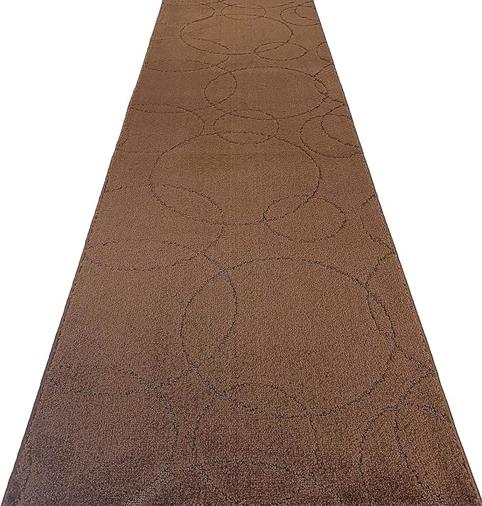 Custom Size Modern Geometric Pattern Carpet Runner Rug for Hallways, Slip Resistant Latex Rubber Backed, 31 inch Wide X Customized Length, Circles Brown, 31 inch X 6 feet