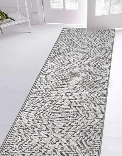 Custom Size Southwestern Style Runner Rug Mat for Wide Hallway Entryway Kitchen Laundry Room with Slip Resistant Latex Rubber Backing, Inca Grey, 31 inch X 8 feet