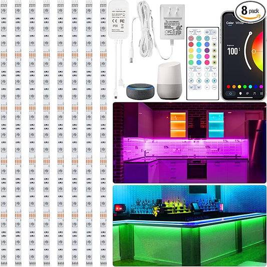 maylit 8 PCS 3.3FT Smart RGB Under Cabinet Lights Kit, Work with Alexa and Google Assistant, App and Remote Control, Music Sync Color Changing, Timer, Dimmable, for Cabinet, Counter, Shelf, Bookcase