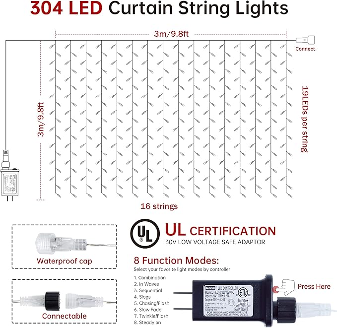 Fairy Curtain Lights,304 LED 9.8ftX9.8ft 30V 8Modes safety Window Lights with Memory for Home Wedding Christmas Party Family Patio Lawn Garden Bedroom Outdoor Indoor Wall Decorations(Multi ColoR)