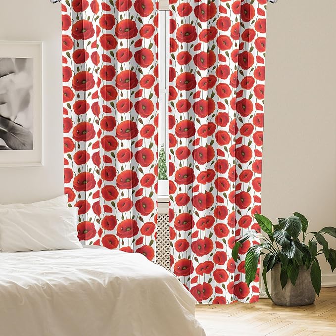Ambesonne Poppy Flower Window Curtains Pack of 2, Springs Ladybugs Animals and Plants Flora Fauna Nature, Lightweight Set with Rod Pocket, 4 Panels of - 28" x 63", Burnt Orange Olive Green