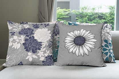 Ambesonne Floral Throw Pillow Cushion Case Pack of 4, Flower Petals Modern Color Palette Cold Tones Chamomile Peony Dahlia Sunflower, Modern Accent Double-Sided Digital Printing, 24", Grey Navy Blue