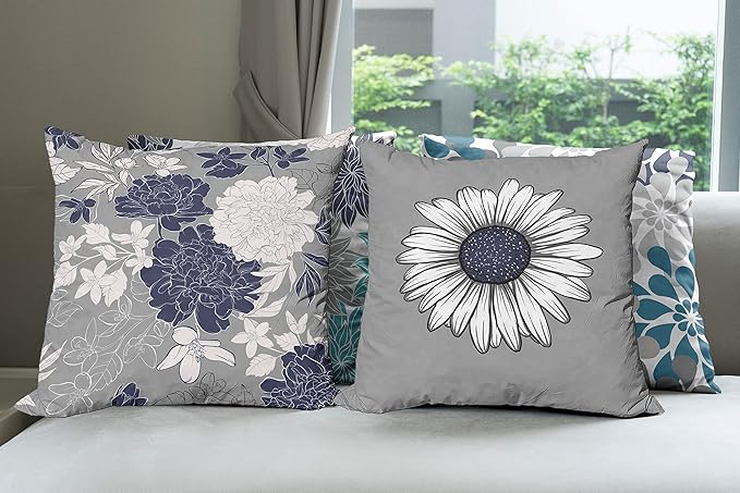 Ambesonne Floral Throw Pillow Cushion Case Pack of 4, Flower Petals Modern Color Palette Cold Tones Chamomile Peony Dahlia Sunflower, Modern Accent Double-Sided Digital Printing, 18", Grey Navy Blue