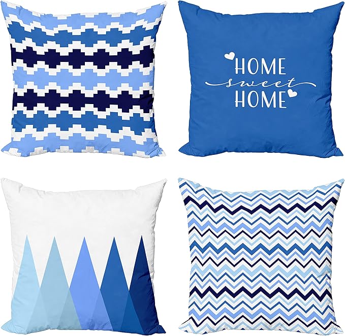 Ambesonne Modern Throw Pillow Cushion Case Pack of 4, Geometric Style Pattern of Triangles Zigzags Love Home Phrase Print, Modern Accent Double-Sided Digital Printing, 20", Azure Blue Indigo and White