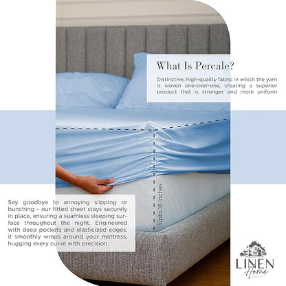 Linen Home 100% Cotton Percale Sheets Full Size, Baby Blue, Deep Pocket, 4 Pieces Set - 1 Flat, 1 Deep Pocket Fitted Sheet and 2 Pillowcases, Crisp Cool and Strong Bed Linen