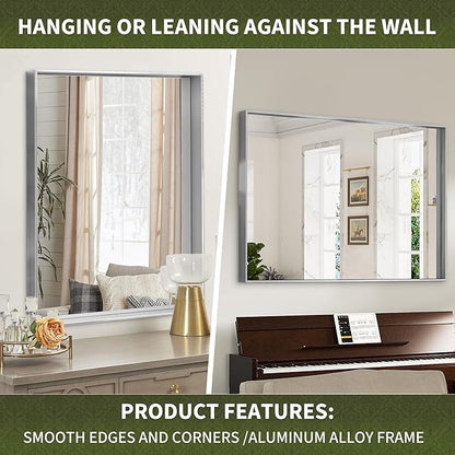 Suidia Bathroom Mirror, 60" x 36" Wall Mirror Metal Framed, Bathroom Vanity Mirror for Living Room Bedroom Bathroom Entryway, Silver, Rect Corner Style