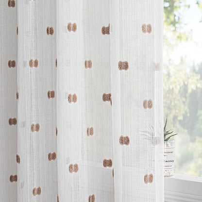 MYSKY HOME White Curtains for Bedroom 63 Inch Length Long Sheer Curtains for Kids Room Nursery Curtains with Taupe Patched Design Rod Pocket Privacy Window Drapes Dining Room 52" x 63" 2 Panels