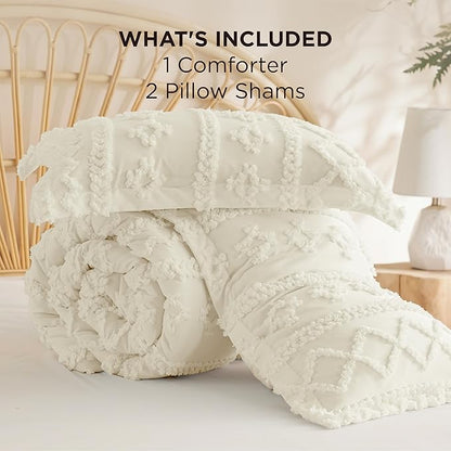 Bedsure Tufted Boho Comforter Set Full Size - Ivory Boho Bed Set, GentleSoft™ 3 Pieces Farmhouse Shabby Chic Embroidery Bedding, Gifts for Woman, Soft Jacquard Full Comforter for All Seasons