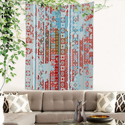 Batmerry Blue Grey Boho Garbage Tapestry, Red Wall Art Hanging Decoration Polyester Fiber White Ruffled Around for Dorm Room Bedroom Living Room, 59.1x51.2 inches