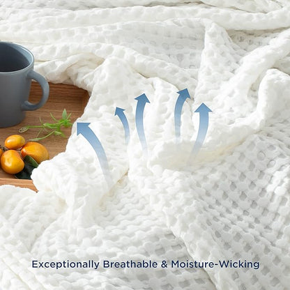 Bedsure Cooling Cotton Waffle Weave Throw Blanket - Lightweight Breathable Blanket of Rayon Derived from Bamboo for Hot Sleepers, Luxury Throws for Bed, Couch and Sofa, Ivory, 50x70 Inches