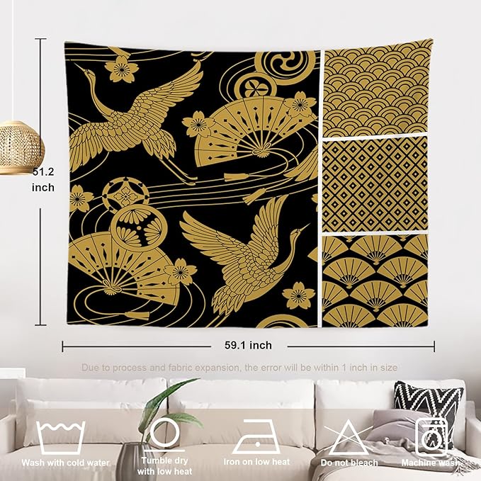 Batmerry Black Oriental Tapestry,Gold Japanese Fan Wall Art Hanging Decoration Polyester Fiber White Ruffled Around for Dorm Room Bedroom Living Room, 51.2x59.1 inches