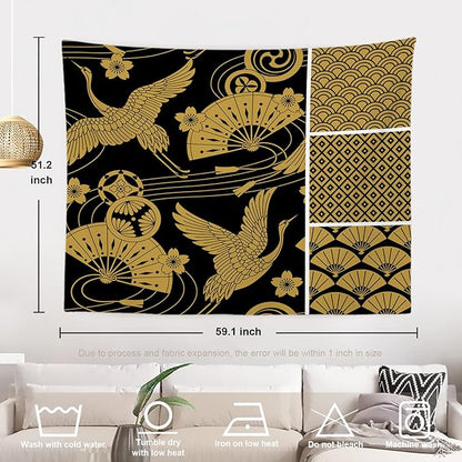 Batmerry Black Oriental Tapestry,Gold Japanese Fan Wall Art Hanging Decoration Polyester Fiber White Ruffled Around for Dorm Room Bedroom Living Room, 51.2x59.1 inches
