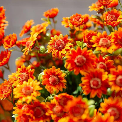 Artificial Mums for Outdoors, Faux Sunset Mum Flowers Planters for Indoor Outside Decor, Fake Look Real, Vibrant, UV Resistant, Waterproof, Windproof (1Mix, 5 Bundle)