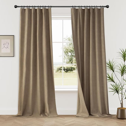 KangBang Extra Long 102" Blackout Linen Drapes, Back Tab Loop Pocket Hook Belt UV Protection Energy Saving Bedroom Draperies for High Ceiling Living Rooms, Biscuit,52x102 Inch