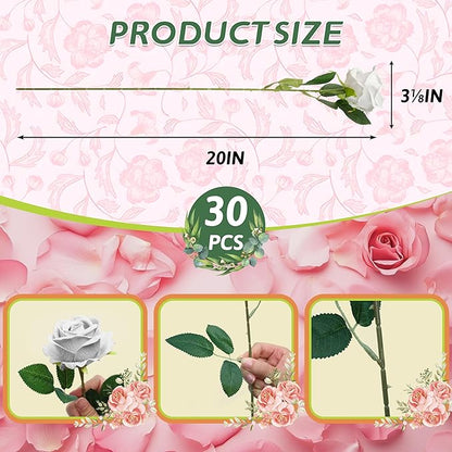 30 PCS Fake White Roses, Artificial White Flowers Bulk Realistic Silk Faux Roses with Stems for Wedding Decorations Table Centerpieces Bridal Bouquet DIY Floral Arrangement Event Party Home Decor