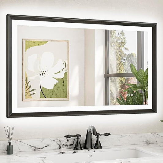TETOTE 40x24 LED Bathroom Mirror with Lights Black Metal Framed Front & Back Light Vanity Mirror Baroque Gothic Antifog Stepless Dimmable White/Warm/Natural,CRI90+,Waterproof(Horizontal/Vertical)