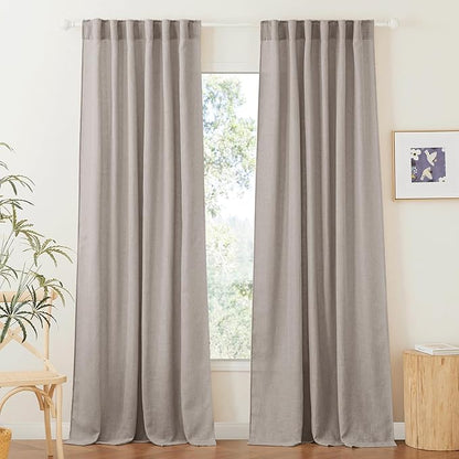 RYB HOME Linen Texture Sheer Curtains 90 inches, Rustic Style Solid Semi Sheer Half Privacy Drapes for Farmhouse Dorm Office Dining, Birch Brown, W 52 x L 90 inches, Set of 2