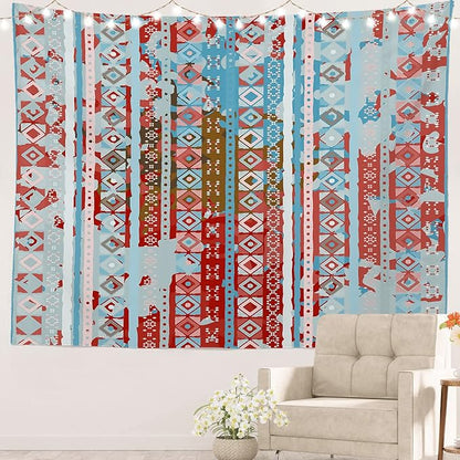 Batmerry Blue Grey Boho Garbage Tapestry, Red Wall Art Hanging Decoration Polyester Fiber White Ruffled Around for Dorm Room Bedroom Living Room, 39.1x59.1 inches