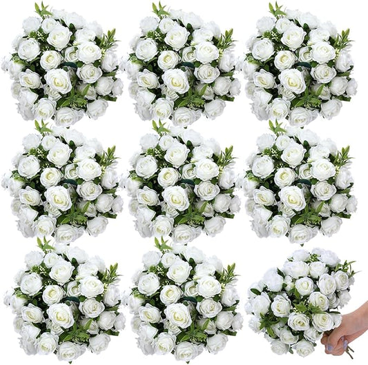 Zeyune 8 Pack 12 Inch Wedding Artificial Mini Rose Bouquet White Silk Flowers Bunches Bulk Fake for Wedding Bridal Christmas Home Office Garden Parties Decoration