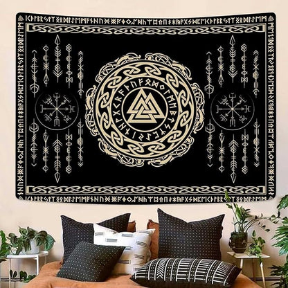 OSUNBD Nordic Viking Tapestry Wall Hanging - Small 60x51inches Soft Flannel with Valknut, Celtic Runes & Norse Mythology Scandinavian for Bedroom, Living Room Decor
