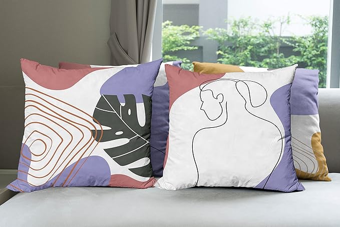 Ambesonne Minimal Throw Pillow Cushion Case Pack of 4, Modern Line Art Woman Portrait Contemporary Leafy Geometric Details, Modern Accent Double-Sided Digital Printing, 18", Lavender Amber Pale Rust