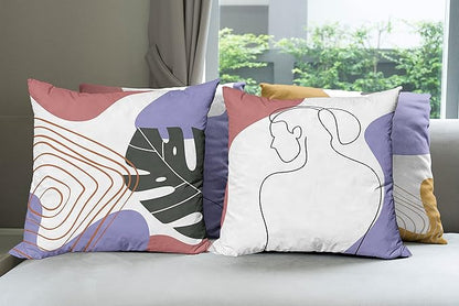 Ambesonne Minimal Throw Pillow Cushion Case Pack of 4, Modern Line Art Woman Portrait Contemporary Leafy Geometric Details, Modern Accent Double-Sided Digital Printing, 18", Lavender Amber Pale Rust